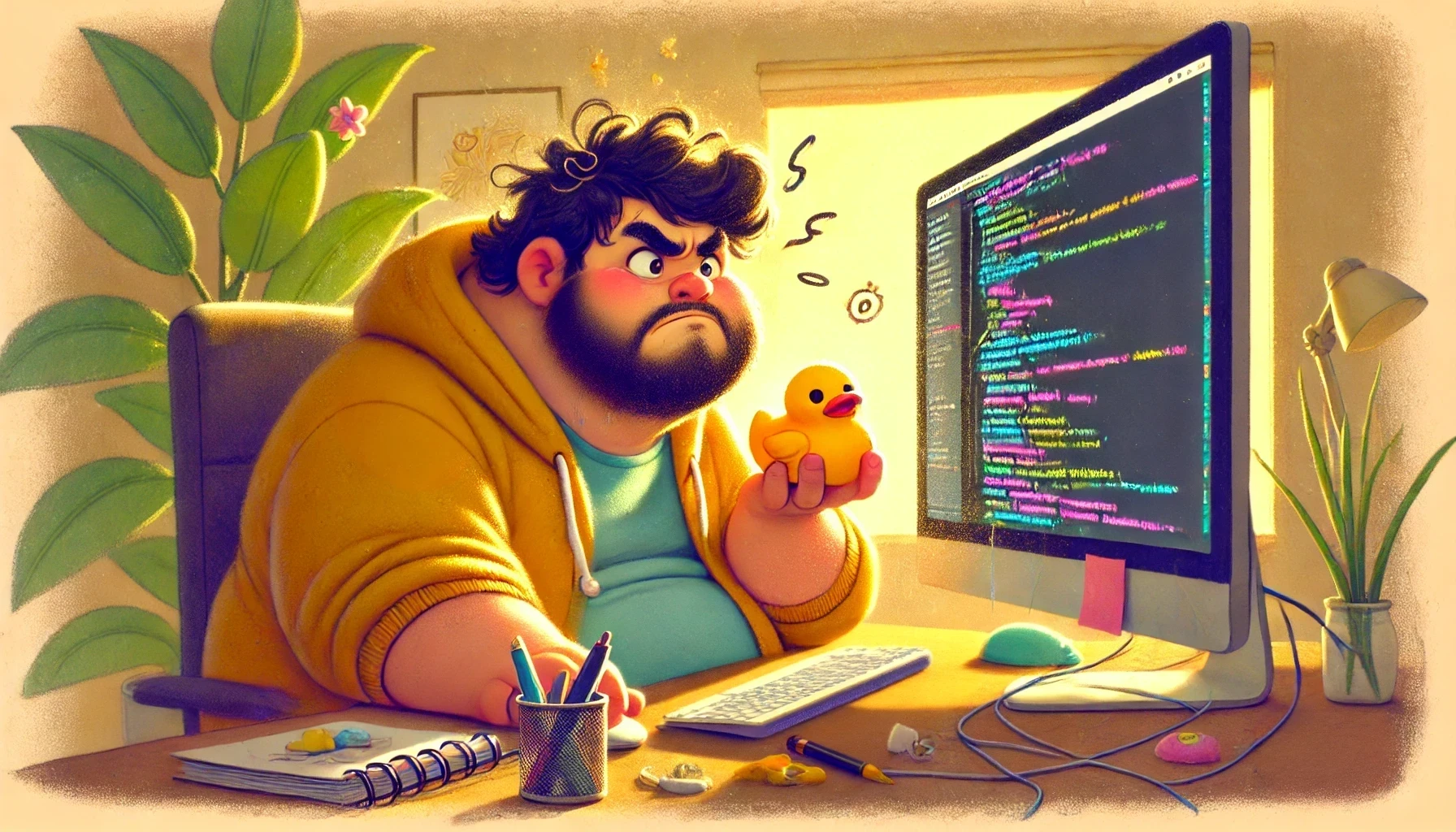 Frustrated developer squeezing a rubber duck while coding, surrounded by whimsical, magical elements