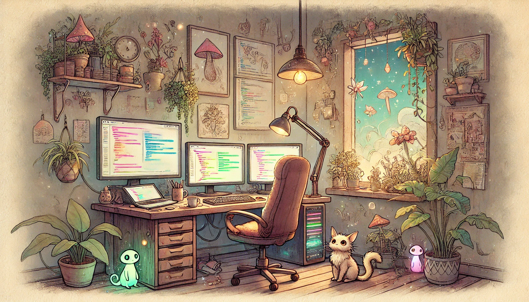 Enchanting developer workspace with multiple monitors, lush plants, and magical elements, overlooking a dreamy, fantastical landscape